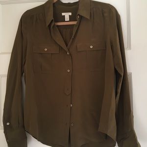 J Crew Khaki Olive Button Up Silk Blythe Blouse